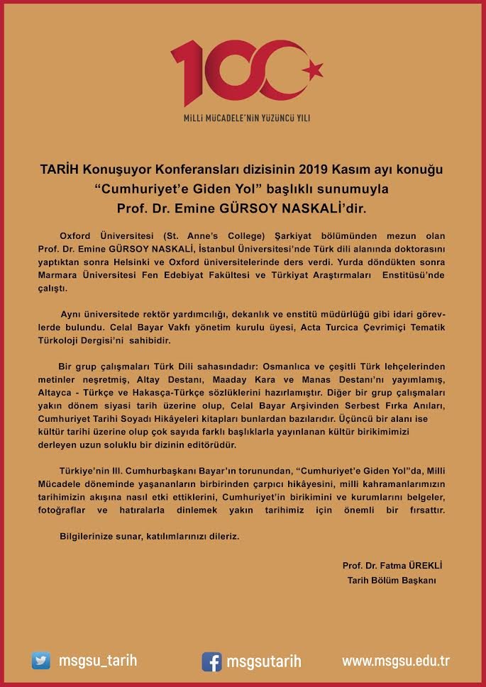 TARİH Konuşuyor Konferansları”nın 2019 Kasım Konuğu Prof. Dr. Emine GÜRSOY NASKALİ